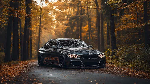 Midnight black sports sedan gliding through autumn forest road.