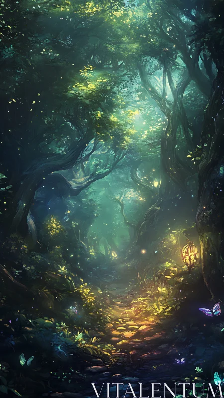Magical forest interior with bioluminescent trees and glowing insects