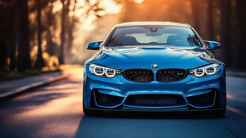 Blue BMW sports sedan stands centered on forest road at dusk