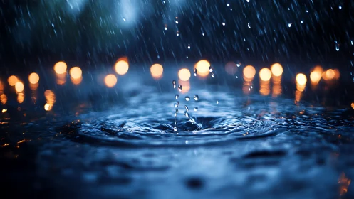 Rain-kissed puddle glowing with cozy evening lights.