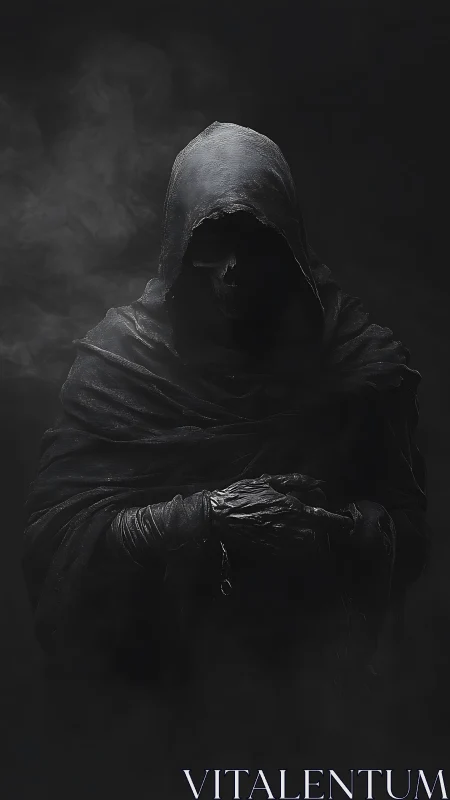 Hooded skeletal figure stands in dense shadowed smoke