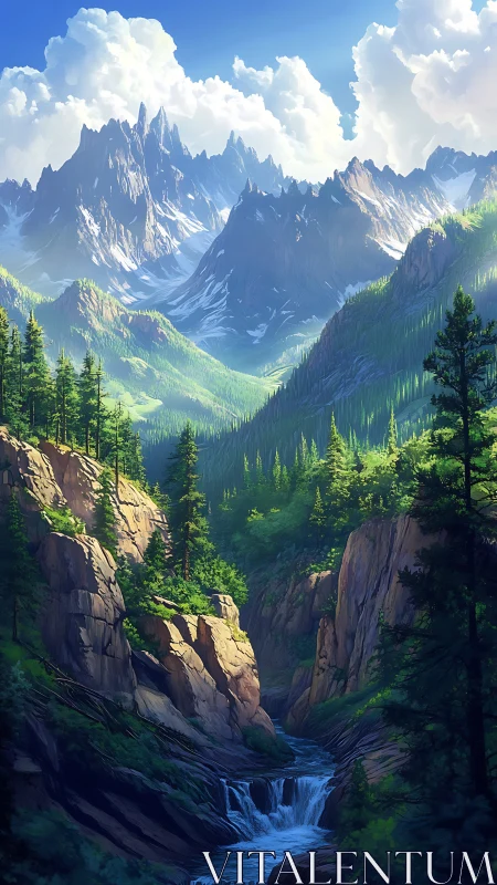 Mountain valley landscape with river, forest and peaks.