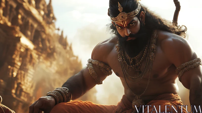 Warrior monkey demigod guards ancient sandstone temple.