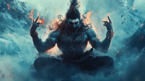 Storm-wreathed blue deity in blazing meditative power.