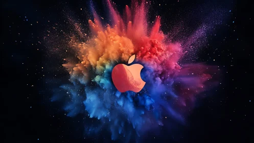 Colorstorm nebula erupts around sleek bitten-fruit emblem.