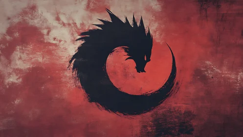 Dragon silhouette curls into circular emblem on red field