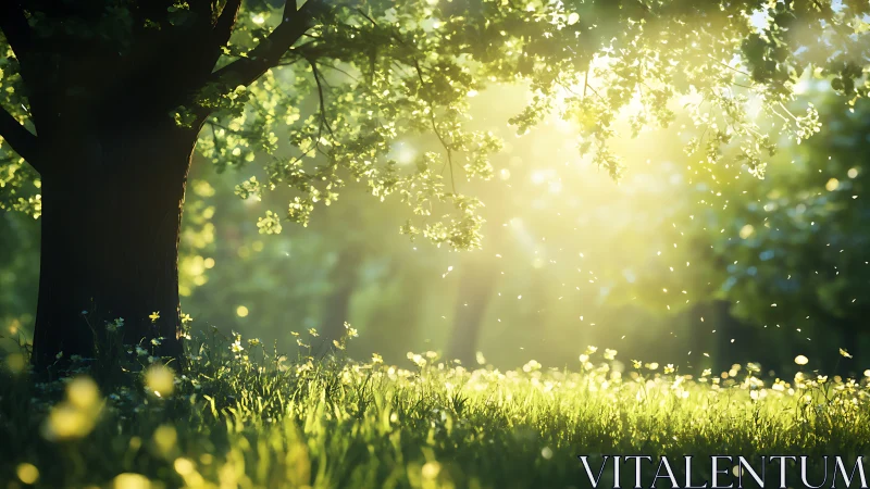 Sunlit Forest Glade with Tree and Floating Pollen, Dreamy Nature Scene.