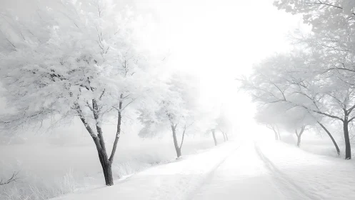 Winter road vanishing into bright frozen white forest.