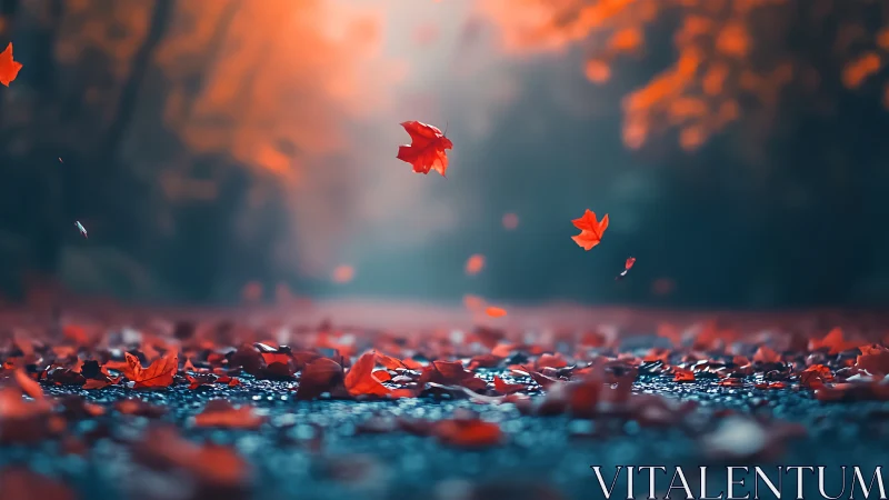 Crimson autumn leaves drift softly above a misty wet road
