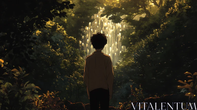 Soft light pours over a quiet forest waterfall at dusk