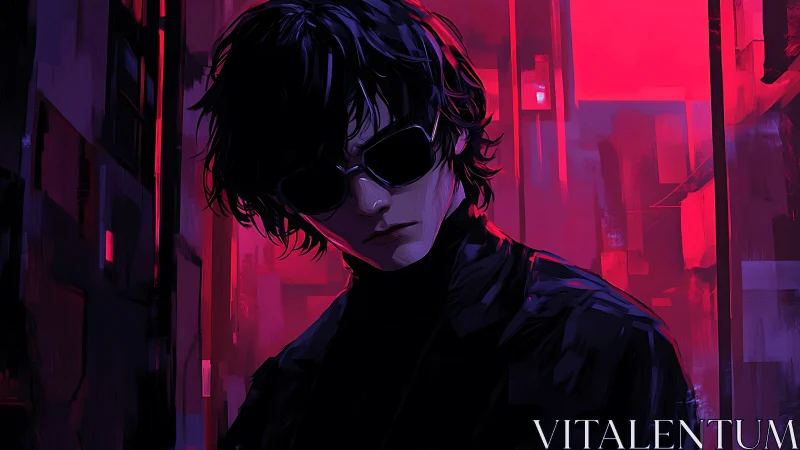 Moody figure in neon alley with dark sunglasses at night.