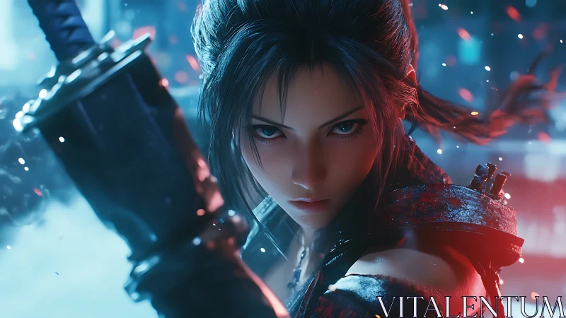 Warrior woman grips massive sword amid glowing blue sparks