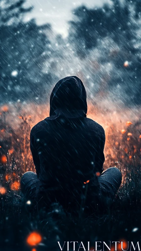 Hooded figure in rainlit meadow with ember-toned bokeh field.