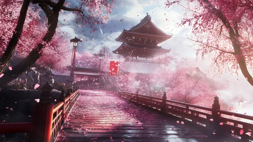 Cherry blossom bridge dreaming toward a mountain temple.