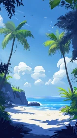 Tropical Beach Landscape with Palm Trees and Clouds