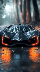 Futuristic hypercar prowls a misty forest road at dusk