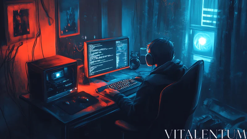 Solo coder monitors compile stream in neon cyber den.