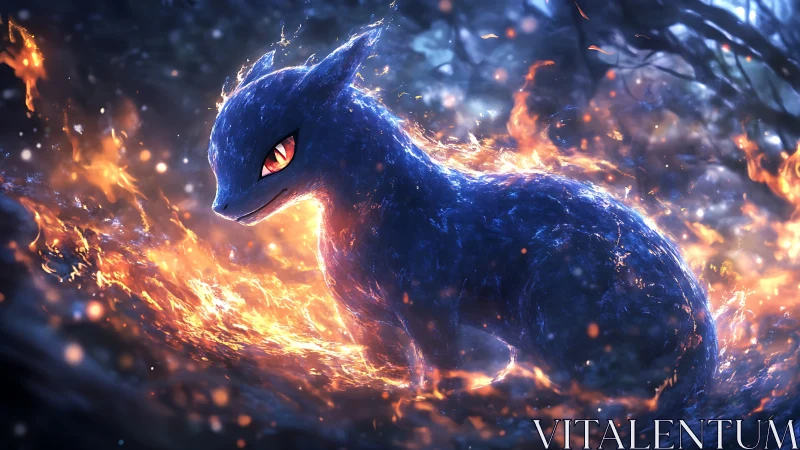 Blue quadruped creature sits within concentric orange flames