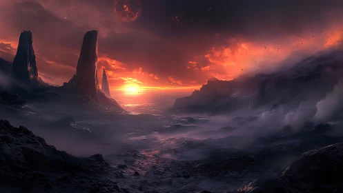 Volcanic exoplanet shoreline under red dwarf sunset and dense fog