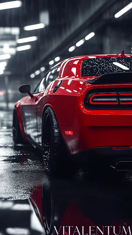 Rain-slicked scarlet muscle car prowls through neon drizzle