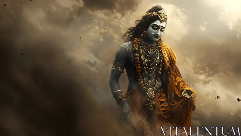 Digital painting of divine figure in storm-lit atmospheric field.