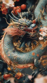 Imperial azure dragon coiling through blossoms and gold.