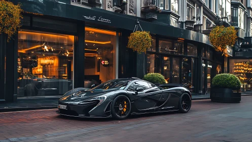 Carbon-black hypercar on luxe urban street at dusk.