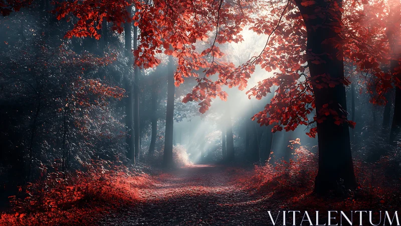 Misty Forest Path with Red Autumn Foliage and Sunlight