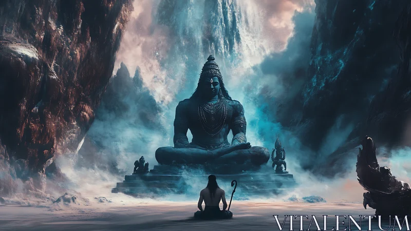 Meditating ascetic confronts colossal Shiva statue in icy canyon