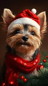 Festive Yorkie pup in cozy scarf and Santa hat portrait.