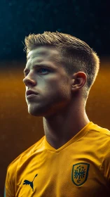Portrait of focused footballer in yellow kit under cinematic rim lighting