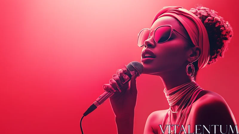 Soulful singer in neon pink spotlight performs passionately.