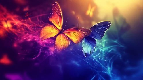 Chromatic butterfly pair in bokeh-charged spectral plasma field.