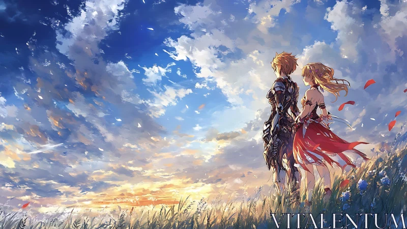 Warrior and maiden watch blazing sunset sky together.