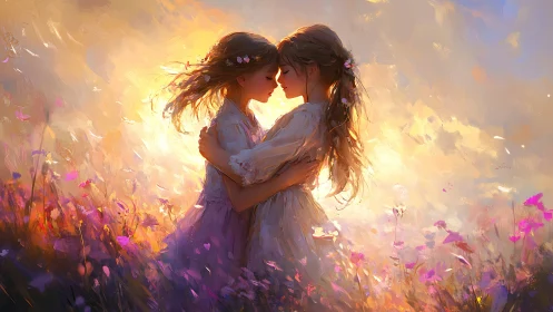 Two figures in flowered meadow, golden light