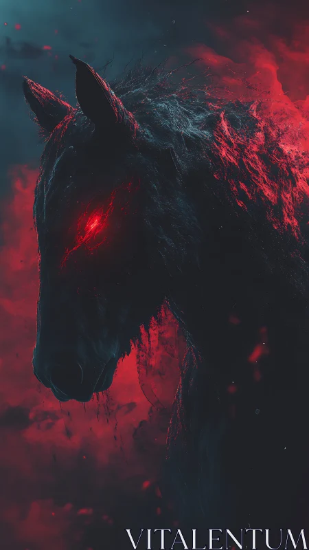 Hellfire stallion emerges, its ember eye cutting through void