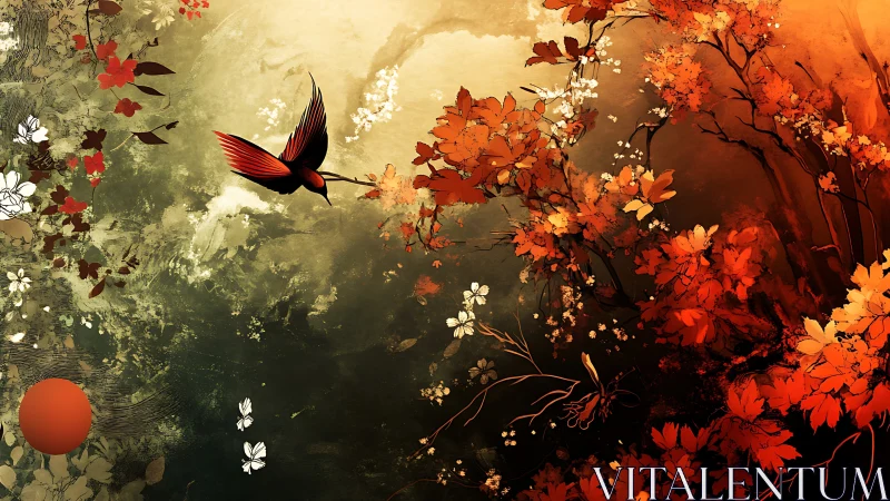 Ember-winged bird skims an autumn storm of painted petals.