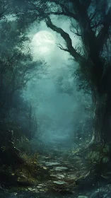 Moonlit forest path beneath ancient trees