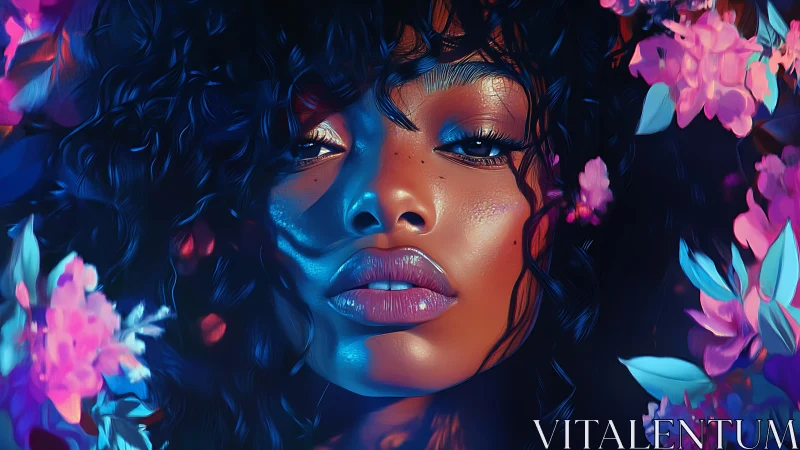 Digital portrait of woman in neon florals, close-up view.