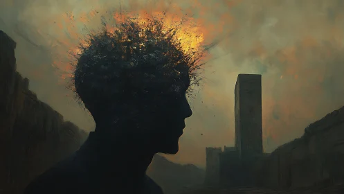 Silhouetted head with fragmented crown in urban dusk setting.