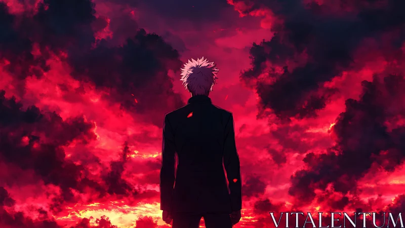 Backlit figure silhouettes against turbulent red storm sky