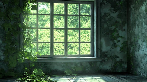 Quiet sunlit window where ivy gently reclaims the room.