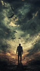 Lone silhouette beneath swirling apocalyptic storm sky.