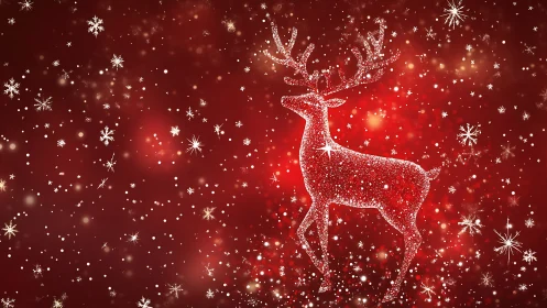 Glittering reindeer silhouette amid radiant red snowfall.