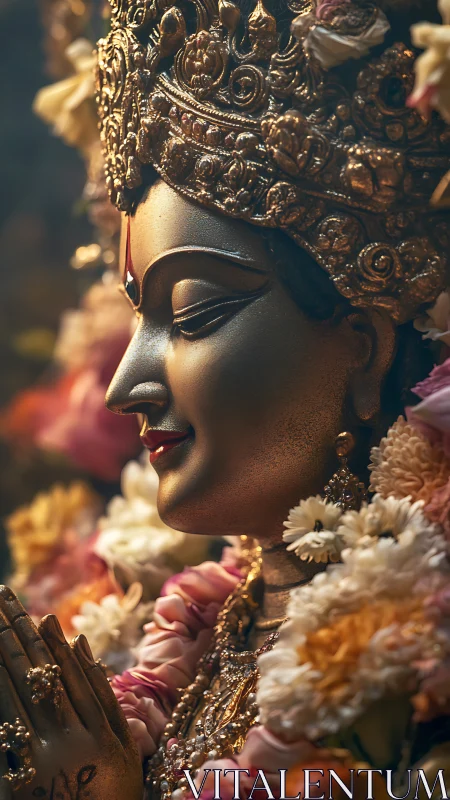 Gilded goddess profile breathes serenity through blossoms