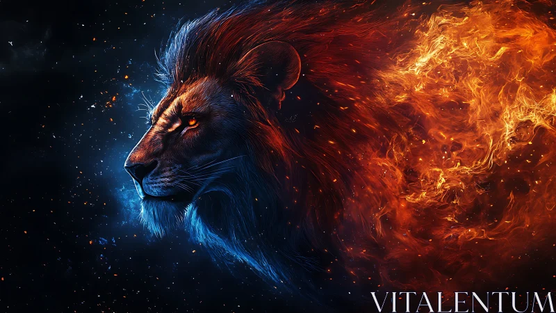 Majestic elemental lion emerges from fire and starlit void.