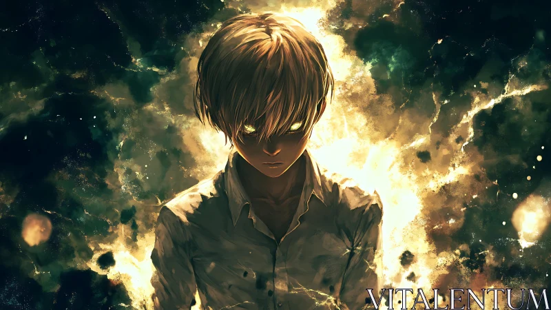 Male figure with glowing eyes against luminous abstract field.