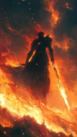 Inferno-clad warlord strides through a storm of living fire.