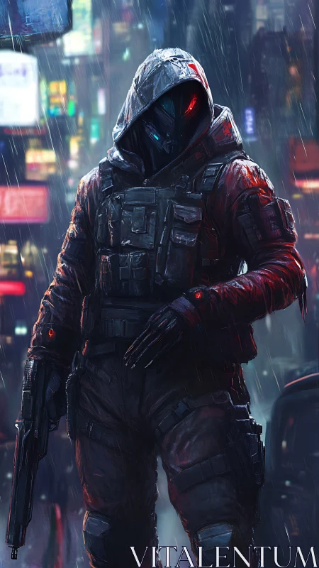 Rain-soaked cyber hunter stalks neon streets with silent poise