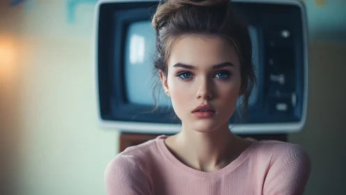 Soft-lit digital portrait of young woman before retro television